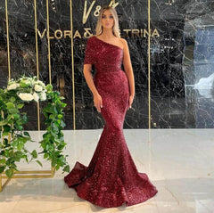 Gorgeous One Shoulder Burgundy Sequins Prom Dress Mermaid Long Online