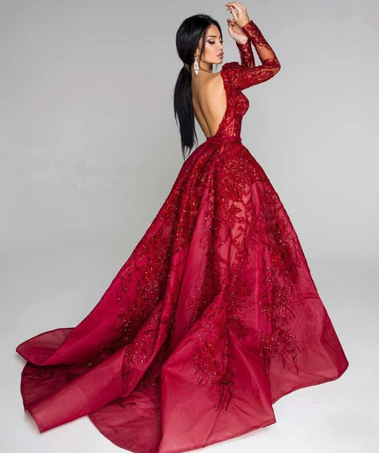 Long Sleevess Burgundy Stunning Sequins Prom Dresses Side Split