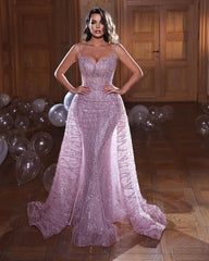 Lovely Glitter Sequins Beads Overskirt Prom Dress Mermaid Spaghetti-Straps Sleeveless