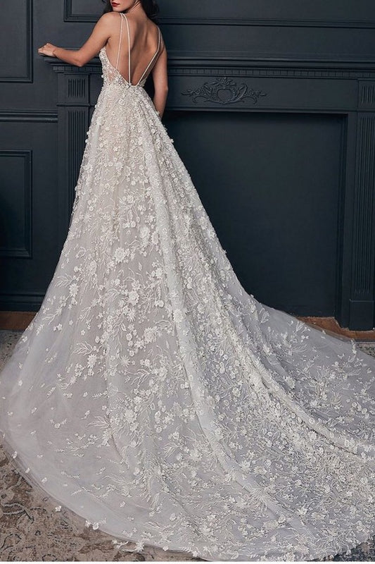 Elegant A-line Lace Wedding Dress with V-neck and Open Back