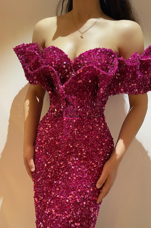 New Arrival Fuchsia Off-The-Shoulder Sweetheart Mermaid Prom Dress With Sequins