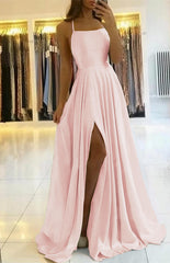  Sage Green Spaghetti-Straps Prom Dress Long Pleated with Slit