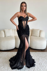 Popular Sweetheart Sleeveless Mermaid Prom Dresses With Split Sequins Pearls Beads