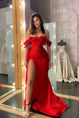 Classic Red Ruffles Prom Dress Off-the-Shoulder Pleated with Slit