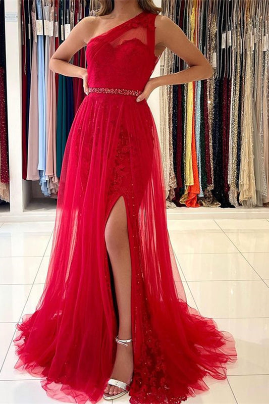 Stunning One Shoulder Red Tulle Prom Dress Lace With Slit