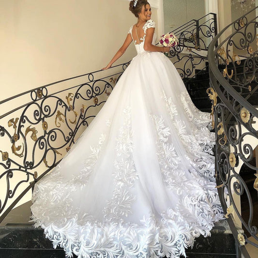 Elegant Princess Wedding Dress with Cap Sleeves and Tulle Lace