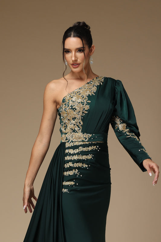 Dark Green Long Mermaid Prom Dress One Sleeve Shoulder