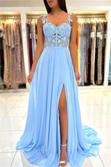 Charming Sky Blue Sleeveless Prom Dress Long Chiffon Slit With Lace Appliques