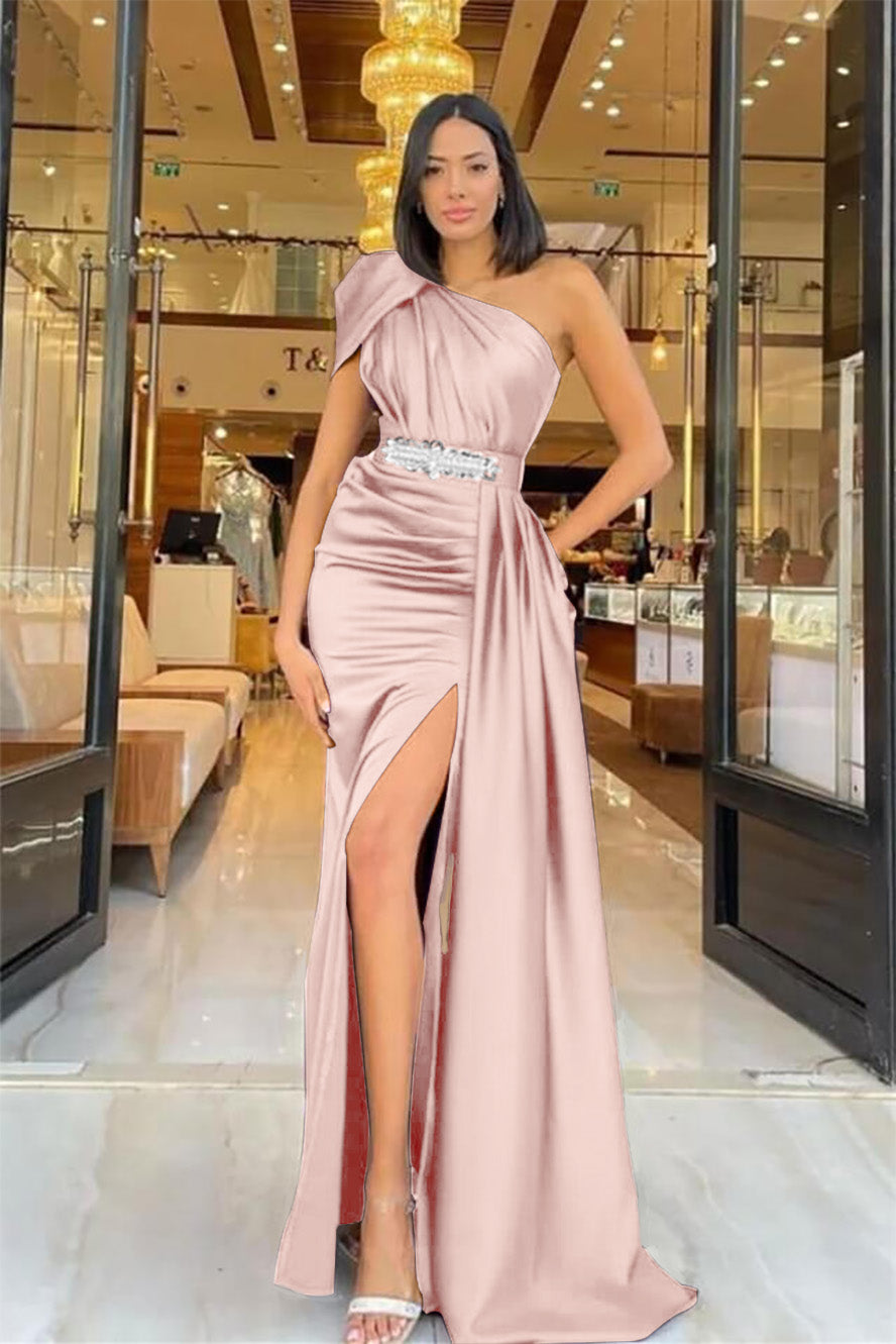Dark Purple One Shoulder Mermaid Long Ruffles Prom Dress with Belt Online