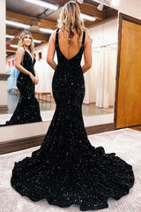 Charming V Neck Long Mermaid Sweep Evening Dress Sequins