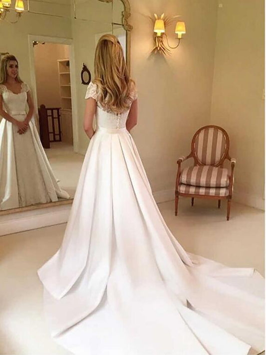 Long A-line Satin Wedding Dress With Sleeves and Brush Train