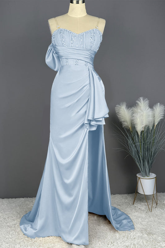 Elegant Spaghetti Straps Split Mermaid Prom Dress Long Pleated Sleeveless Evening Gown with Beading Sequins