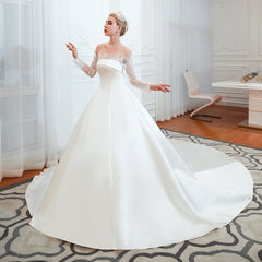 Elegant A-Line Satin Wedding Dress with Off-the-Shoulder Lace Long Sleeves