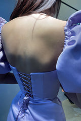 New Arrival Lilac Square Bubble Sleeves Mermaid Prom Dress Pleats With Split