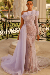 Stunning One Shoulder Long Sleeve Mermaid Evening Prom Dresss Pearls Witn Ruffles