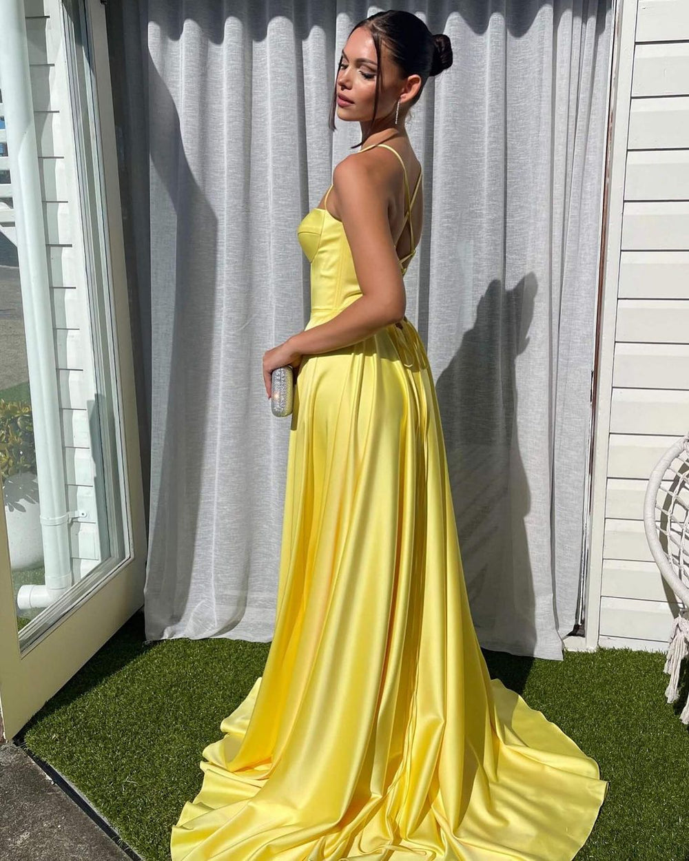 Chic Yellow Spaghetti Strap Prom Dress Sleeveless Pleated Split