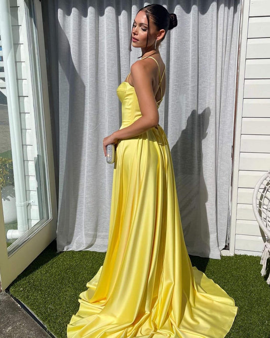 Chic Yellow Spaghetti Strap Prom Dress Sleeveless Pleated Split