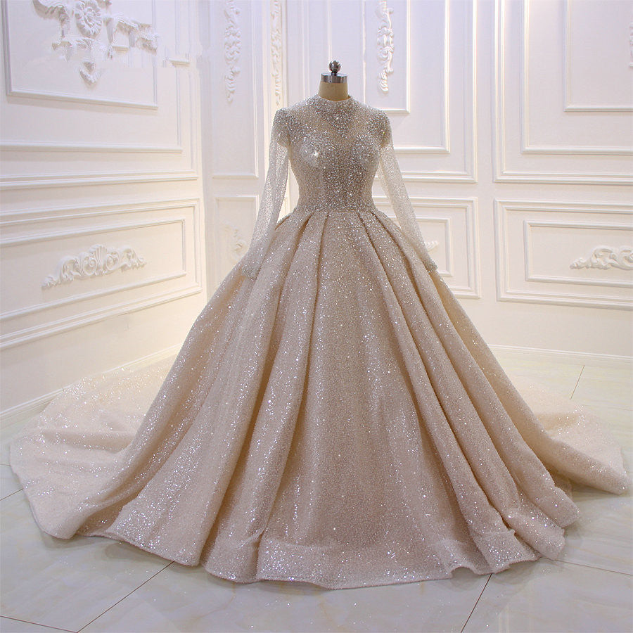 High-neck Vintage Wedding Gown with Long Sleeves and Sequins in Satin