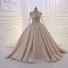 High-neck Vintage Wedding Gown with Long Sleeves and Sequins in Satin