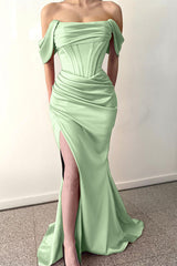 Dusty Rose Off-the-Shoulder Pleated Prom Dress Mermaid Split