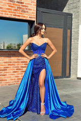 Fabulous Royal Blue Sweetheart Sleeveless Mermaid Prom Gown Split With Sequins Overskirt