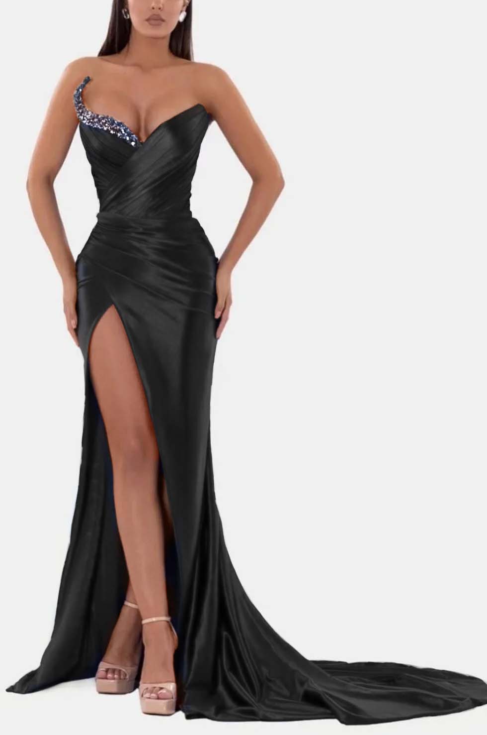 Royal Blue Prom Dress V Neck With High Slit Pleated Strapless Sleeveless