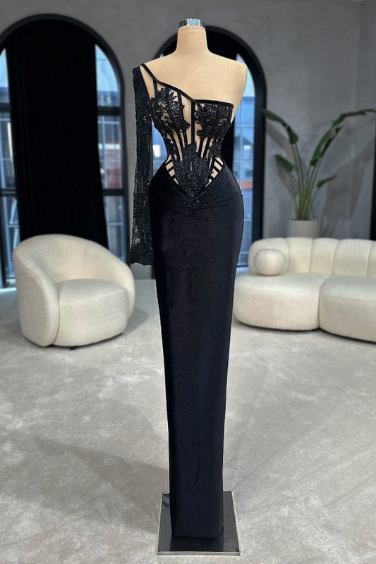 Black One shoulder Velvet Beads Prom Dress Mermaid Long Sleeves with Lace Appliques