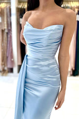 Modern Sky Blue Strapless Sleeveless Mermaid Prom Dress With Split Ruffle