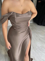  One-Shoulder Strapless Long Mermaid Prom Dress Pleated with Split