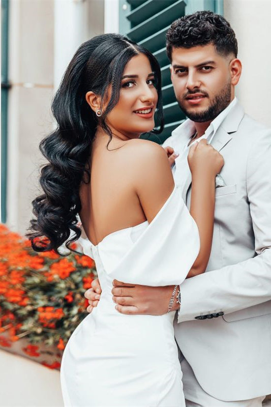Charmeuse Wedding Gown Featuring an Off-The-Shoulder Neckline and Side Split