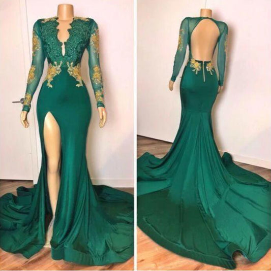 Fabulous Emerald Green Mermaid Long Sleeves Prom Dress Split With Lace Appliques