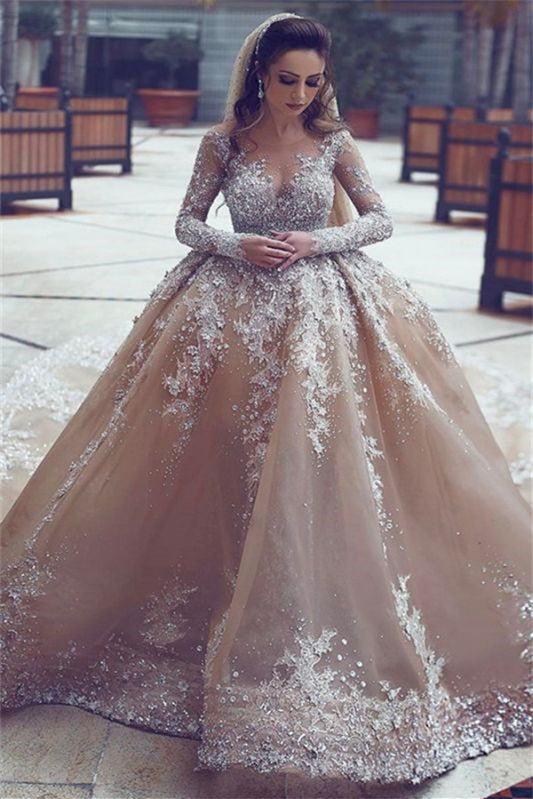 Wedding Dress with Beads and Appliques, Long Sleeve Ball Gown