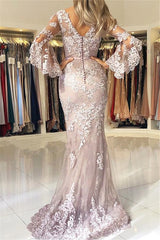 Half Sleeves Appliques Fit and Flare Prom Dresses Long