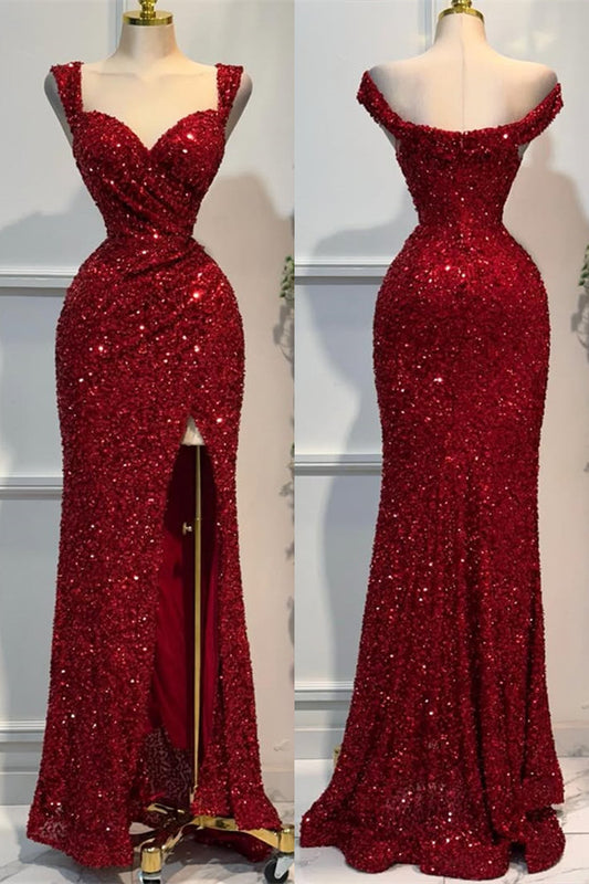 Stunning Burgundy Straps Sweetheart Mermaid Prom Dress Sequins Long With Split