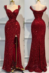 Stunning Burgundy Straps Sweetheart Mermaid Prom Dress Sequins Long With Split