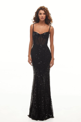 Black Sleeveless Spaghetti Straps Sweetheart Sequins Mermaid Prom Dress