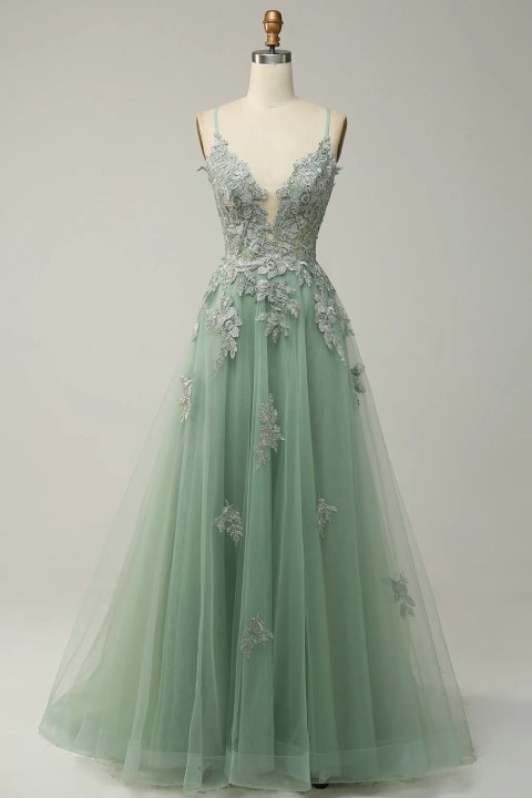 Dusty Pink Spaghetti Strap Tulle V Neck Prom Dress with Lace Appliques