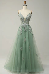 Dusty Pink Spaghetti Strap Tulle V Neck Prom Dress with Lace Appliques
