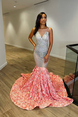 Elegant Coral Evening Dress Sequins Long Flower With V Neck Tulle