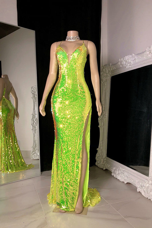Glitter Green Prom Dress Sequins Sleevesless V Neck Slit