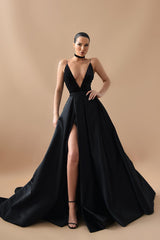 New Arrival Deep V-Neck Black Prom Dress Sleeveless With Split Long