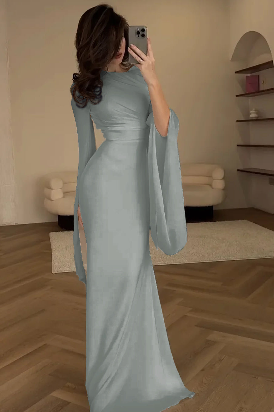 Elegant Ivory Evening Dress Chiffon Long Sleeves Mermaid Dress