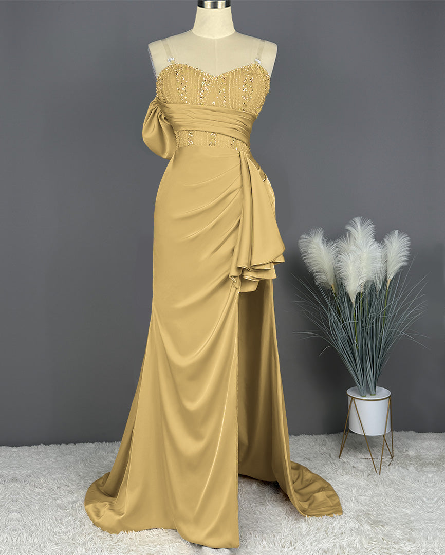 Elegant Spaghetti Straps Split Mermaid Prom Dress Long Pleated Sleeveless Evening Gown with Beading Sequins