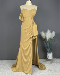 Elegant Spaghetti Straps Split Mermaid Prom Dress Long Pleated Sleeveless Evening Gown with Beading Sequins