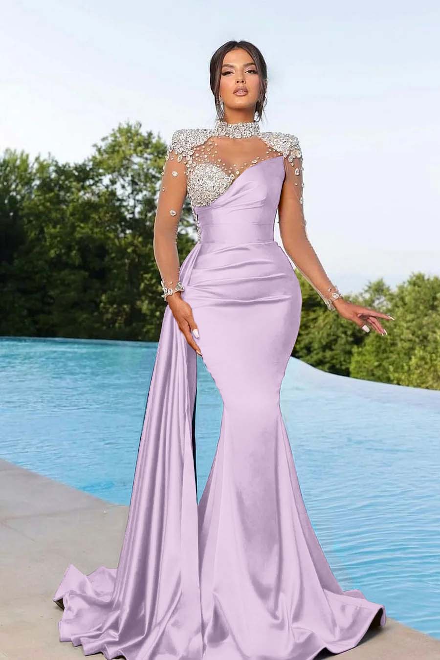 Purple Prom Dress Long Mermaid Satin With Trail Beadings Long Sleeves
