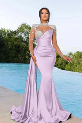 Purple Prom Dress Long Mermaid Satin With Trail Beadings Long Sleeves