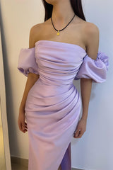 New Arrival Lilac Square Bubble Sleeves Mermaid Prom Dress Pleats With Split
