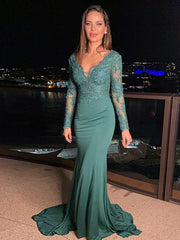 Dark Green Long Sleeves Mermaid Prom Dress