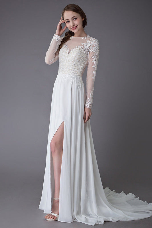 Wedding Dress with Long Lace Sleeves and Slit