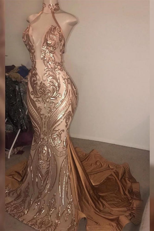 Gorgeous High Neck Sequins Mermaid Prom Dress Long Backless